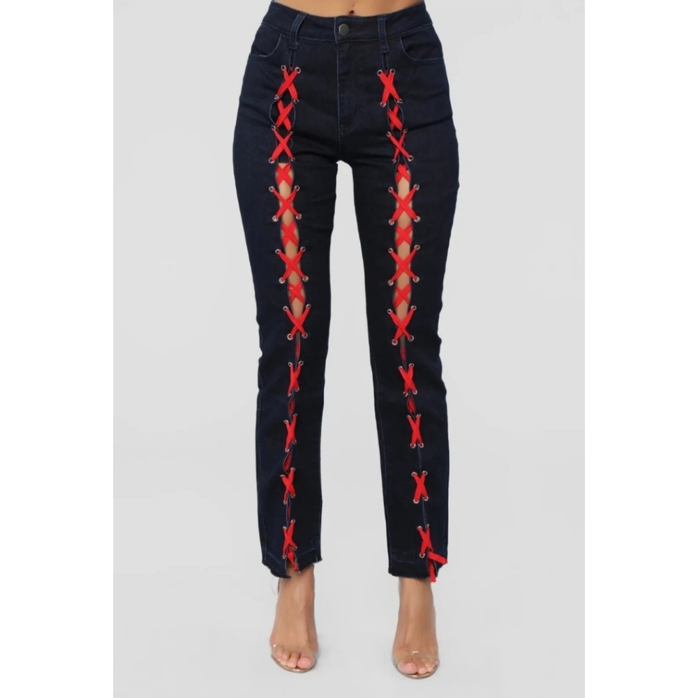 Fashion Nova Revamped Red Lace Up High Rise Jeans Size 9